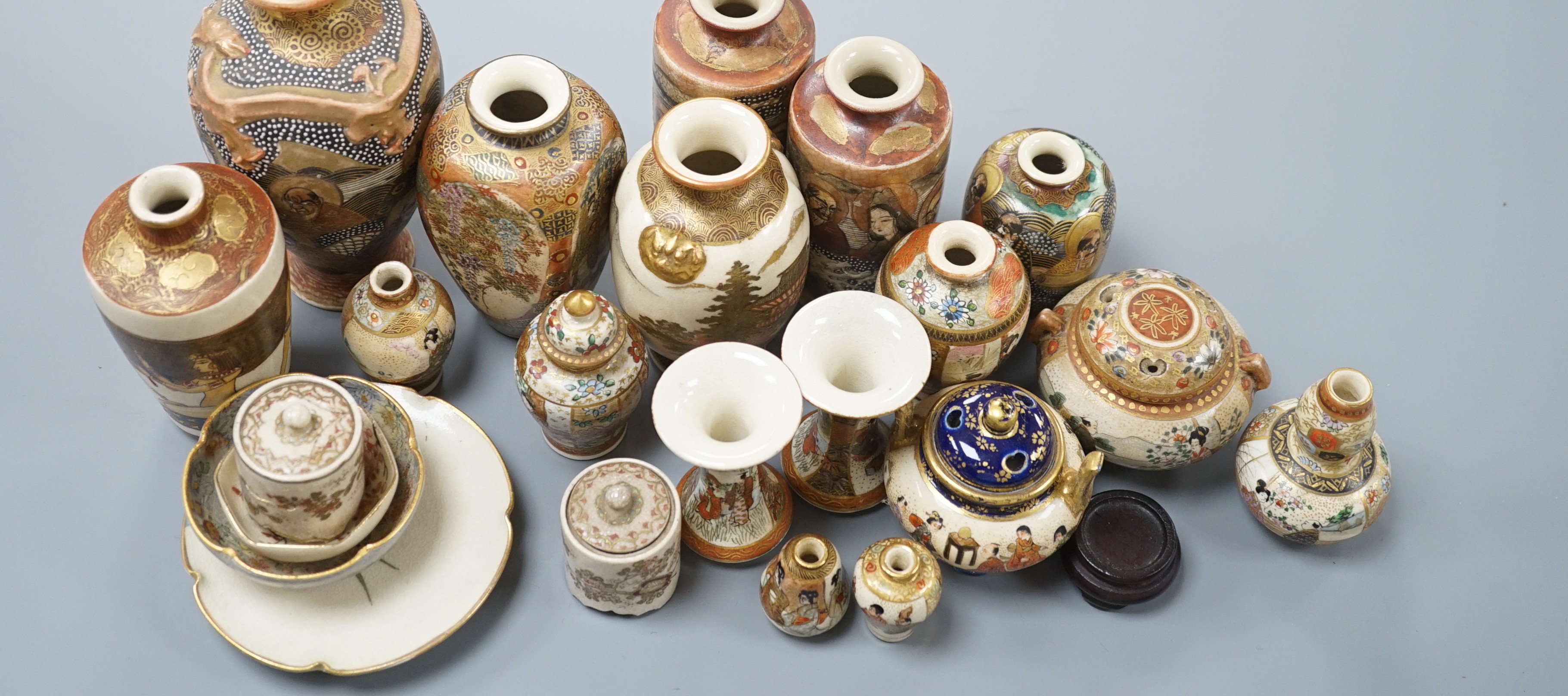 A group of small and miniature Satsuma pottery vases, koros and covers and dishes, late 19th/early 20th century, 3cm - 12cm